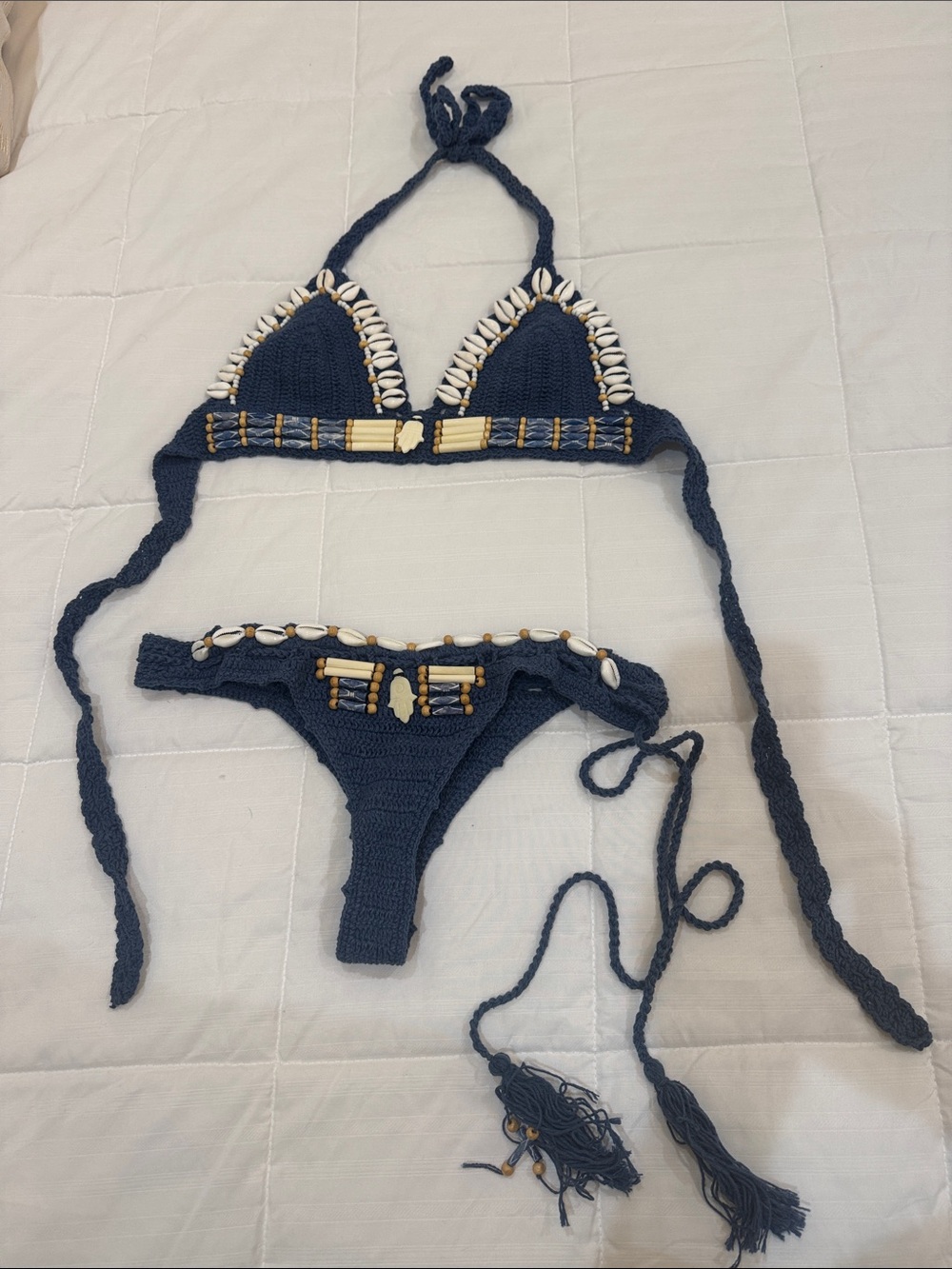 Handmade Navy Crochet Bikini with Shell & Bead Detail